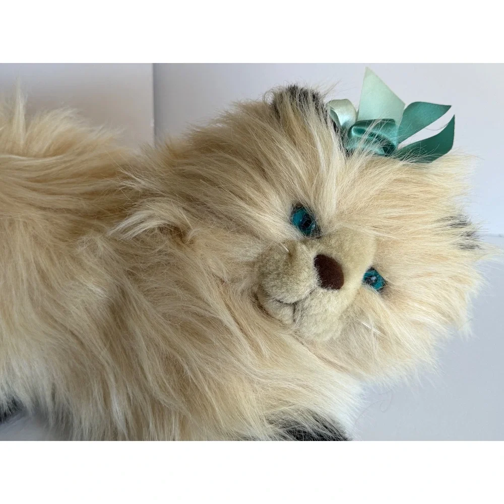 Commonwealth Toy Plush Cat Cream Long Hair Blue Eyes Teal‎ Bow Vintage Style